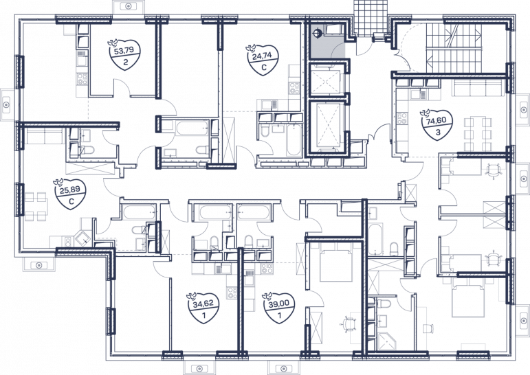 Трёхкомнатная квартира 74.26 м²